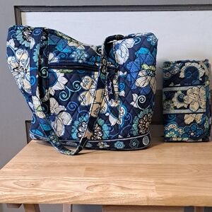 Vera Bradley Navy and Blue Floral Quilted Handbag with Matching Wallet